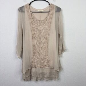 Ambra Italy Shirt Womens S Beige Silk Embroidered Sheer Boho Romantic Cottage